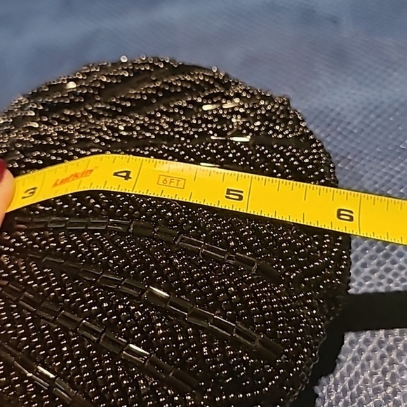 Beaded evening bag. Lovely black satin and beads gold clasp. Sz. 6"x6". (#1315) - Picture 8 of 14